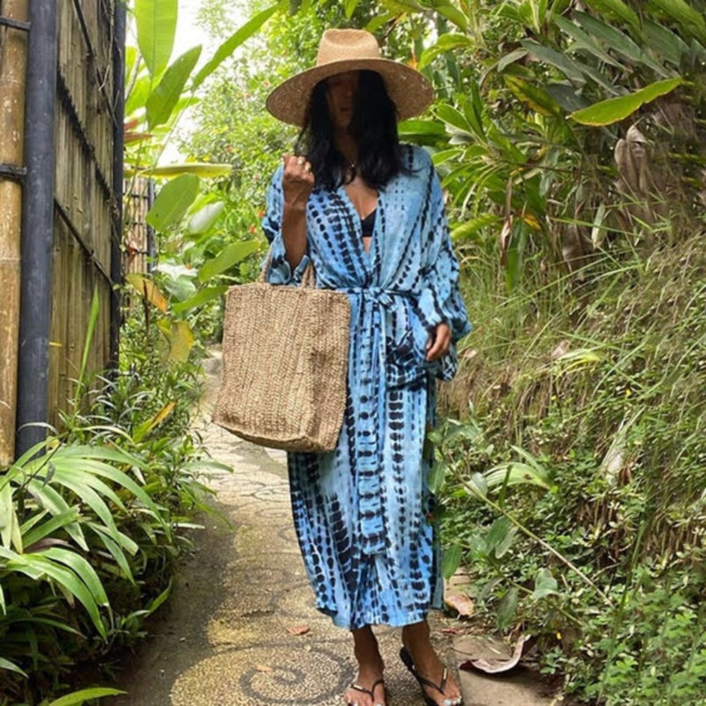 Boho Tie Dye Blue Beach Swim Coverup Maxi Duster Front Tie Flowy Ombre Pockets - Picture 3 of 12
